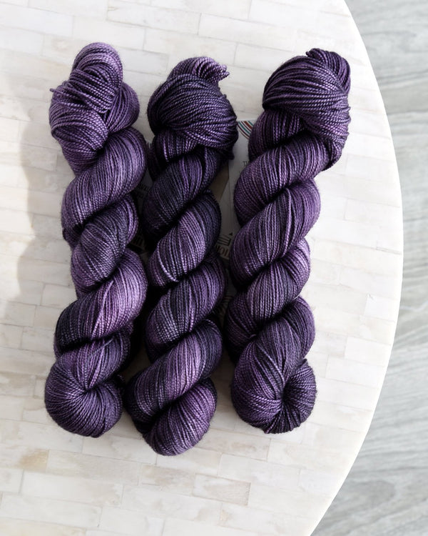 Deep Purple Hand Dyed Yarn, Gray Purple Yarn, Back Purple Sock