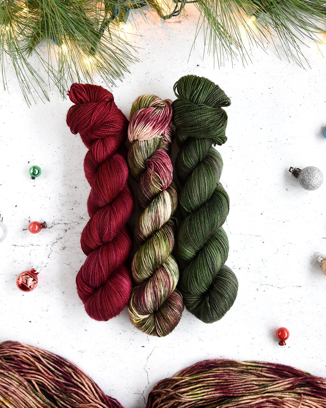 Destination Yarn fingering weight yarn Griswold Family Christmas trio