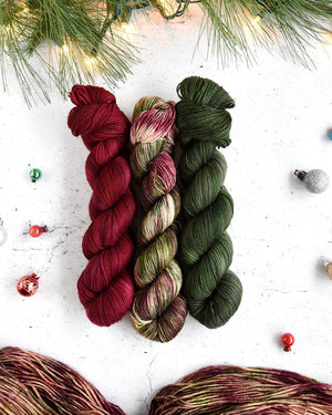 Destination Yarn fingering weight yarn Griswold Family Christmas trio