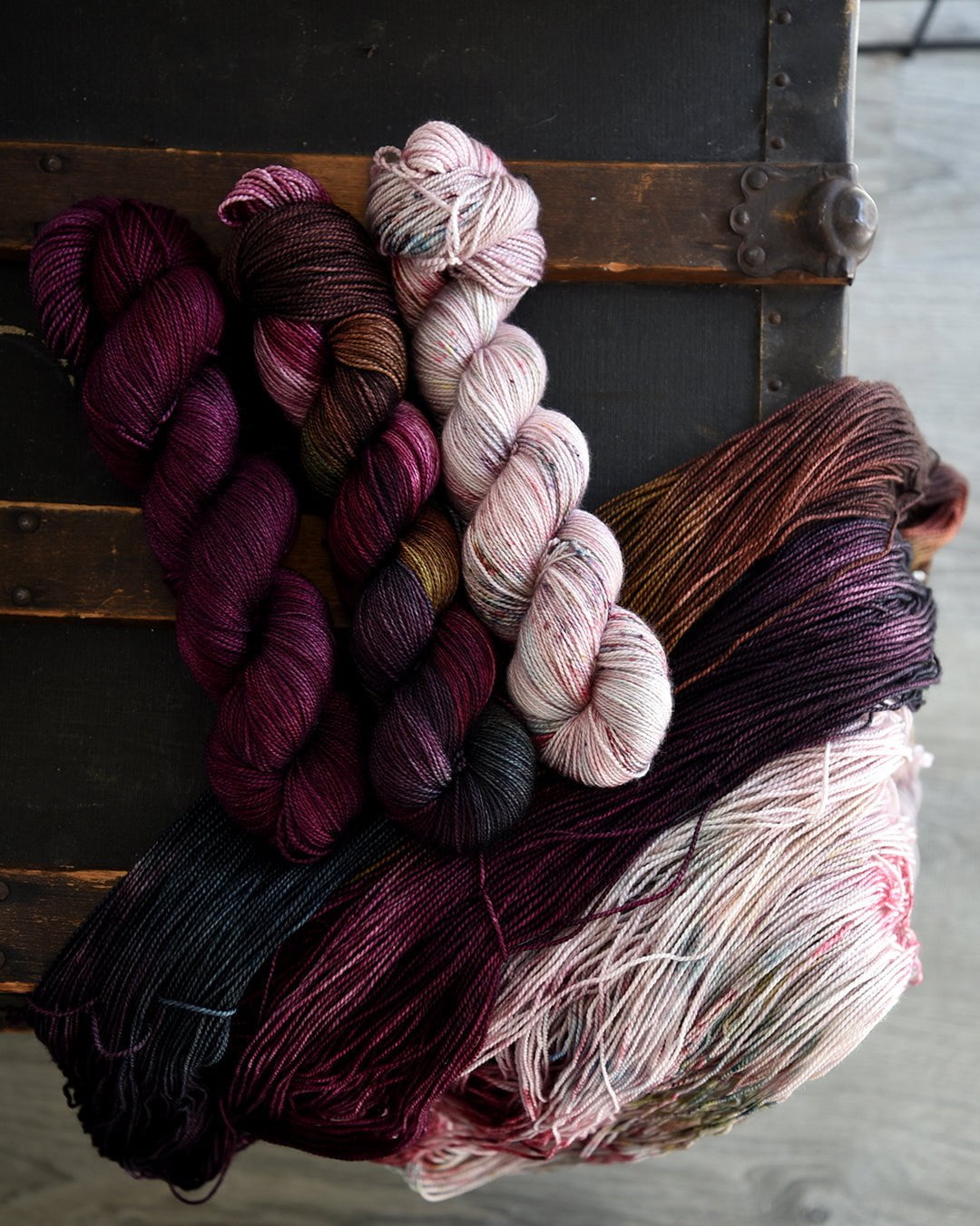 Destination Yarn fingering weight yarn Fall at the Cake three skein kit