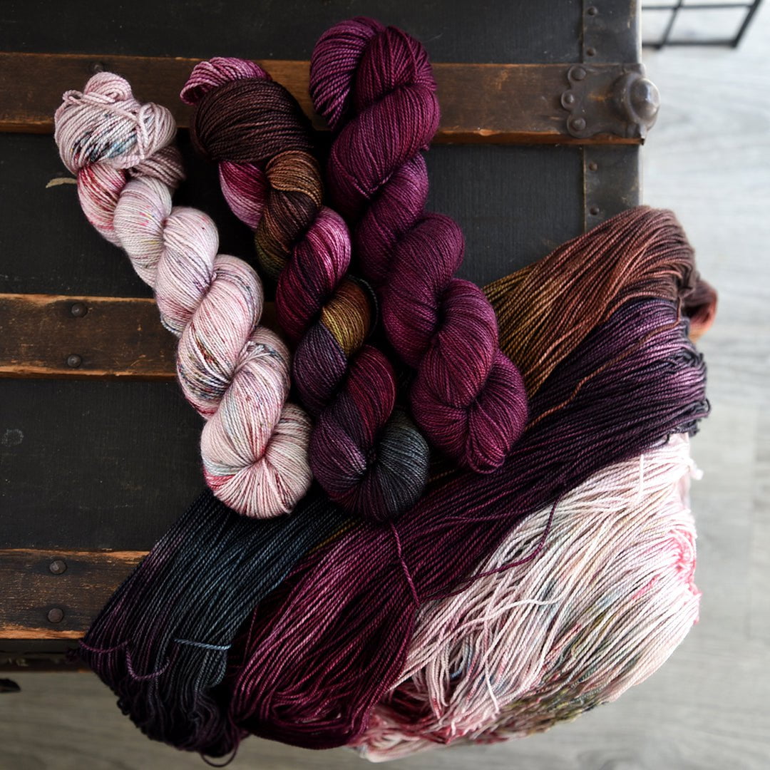 Destination Yarn fingering weight yarn Fall at the Cake three skein kit