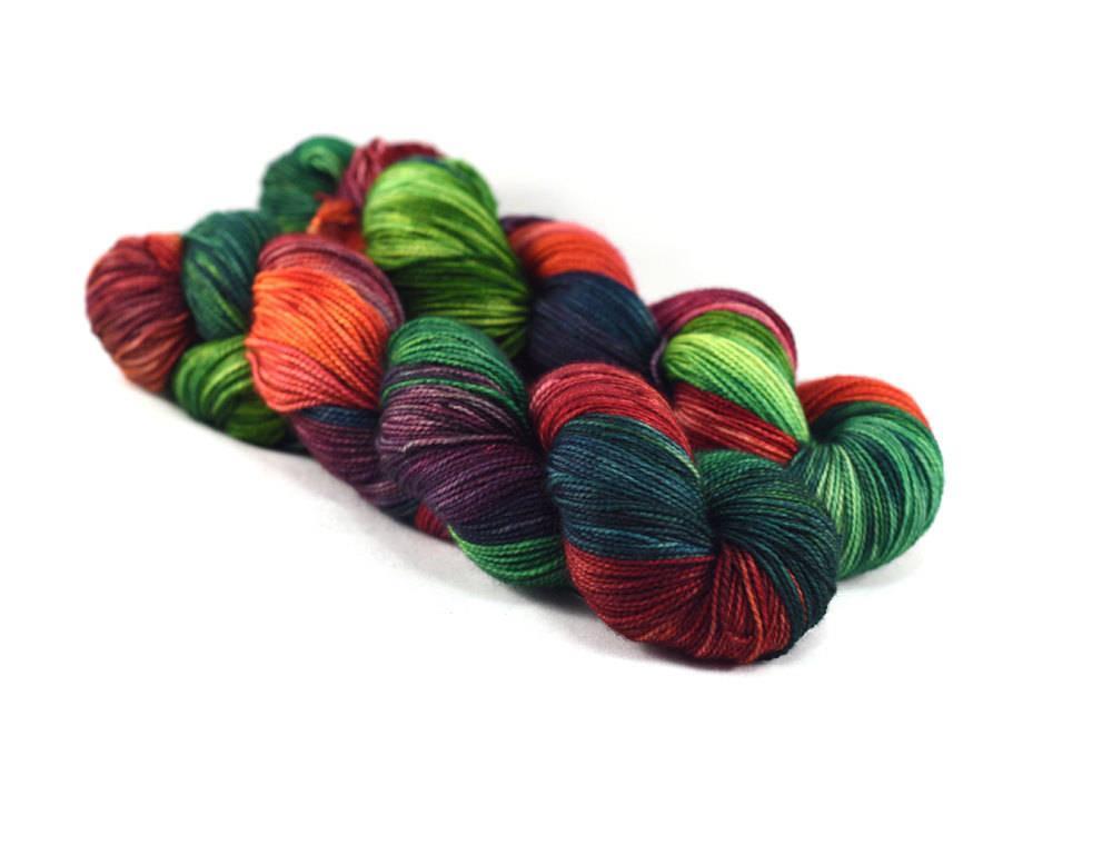 Farmers Market hand dyed yarn in shades of green and red
