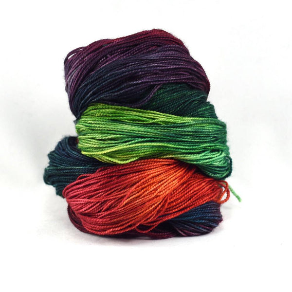 Farmers Market hand dyed yarn in shades of green and red