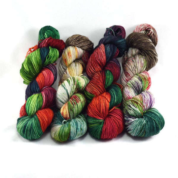 Farmers Market hand dyed yarn in shades of green and red